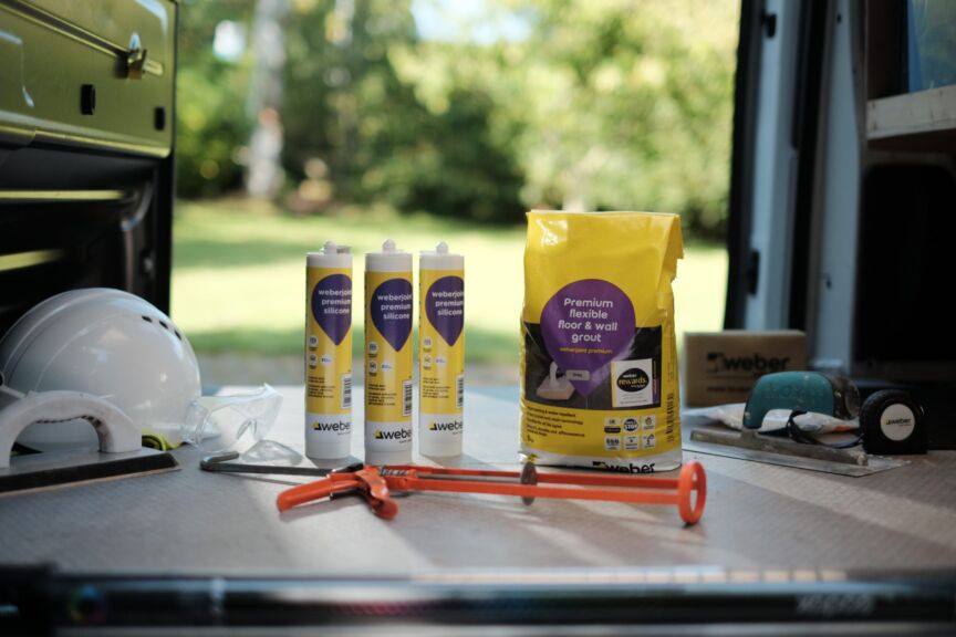 A screenshot from a product video showcasing the new range of weberjoint premium displayed in a van filled with various tools.
