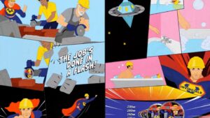 Frame from the Saint-Gobain Abrasives "Mr Invincible" animated campaign