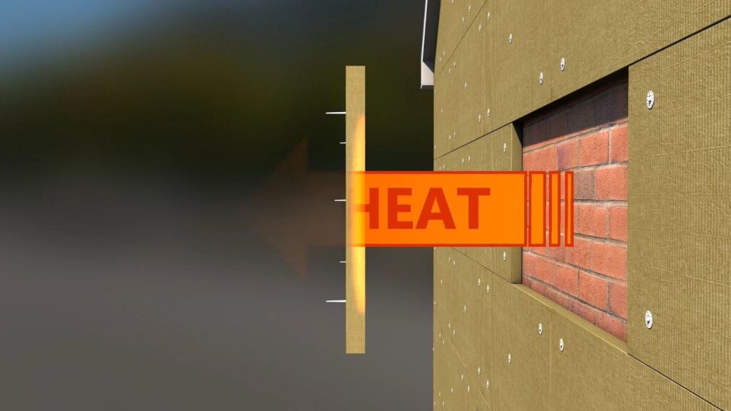 3d animation cutaway showing heat passing through a wall insulation system