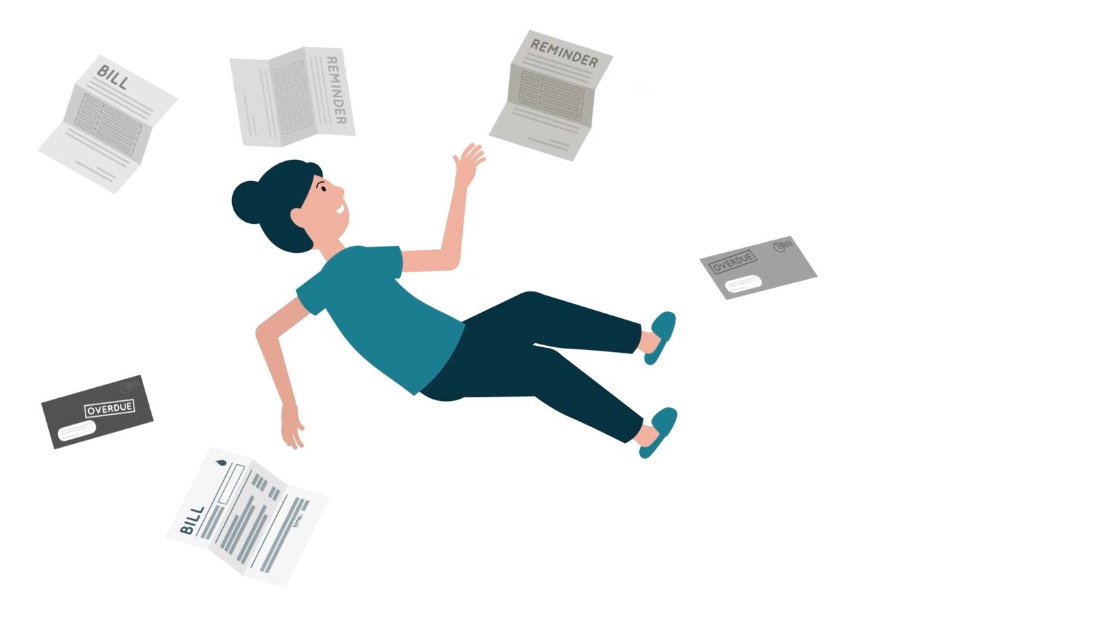 Animated explainer still: a woman floating among bills, reminders and overdue letters